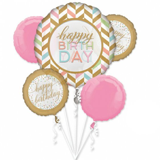 Balónkový buket “Happy Birthday” RŮŽOVO-ZLATÝ, 5 ks - Obr. 1