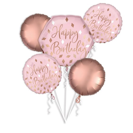 Balónkový buket lesklý “Happy Birthday”, RŮŽOVÝ, 5 ks - Obr. 1