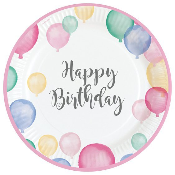 Papírové talířky “Happy Birthday - pastelové balónky”, 22,8cm, 8ks - Obr. 1