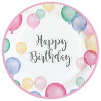 Papírové talířky “Happy Birthday - pastelové balónky”, 22,8cm, 8ks