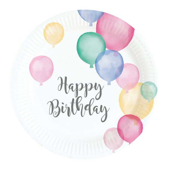 Papírové talířky “Happy Birthday - pastelové balónky”, 17,7cm, 8ks - Obr. 1