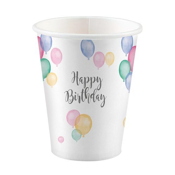 Papírové kelímky “Happy Birthday - pastelové balónky”,250ml, 8ks - Obr. 1