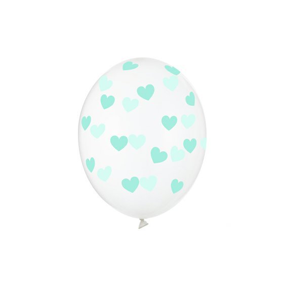 Balónek průhledný s mintovými srdíčky, 30 cm, 6 ks - Obr.1