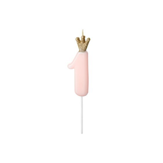 Svíčka na dort s korunkou “1” SVĚTLE RŮŽOVÁ, 9,5 cm - Obr.1