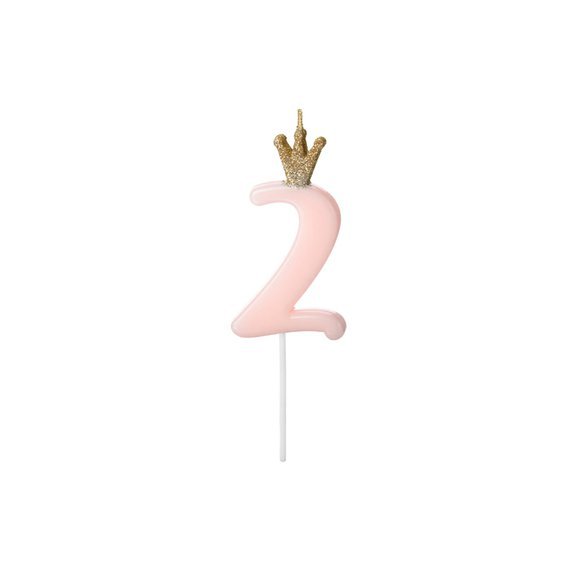 Svíčka na dort s korunkou “2” SVĚTLE RŮŽOVÁ, 9,5 cm - Obr.1
