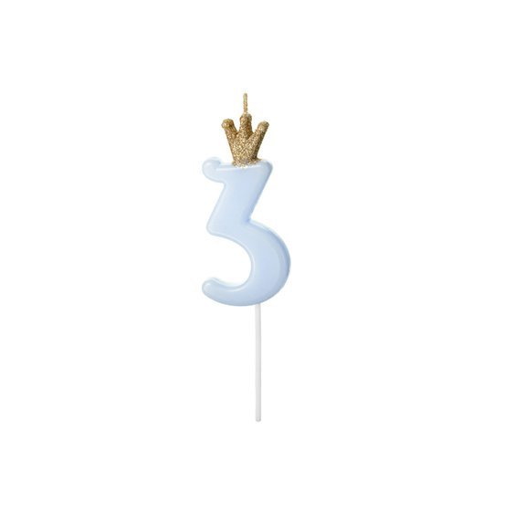 Svíčka na dort s korunkou “3” SVĚTLE MODRÁ, 9,5 cm - Obr.1
