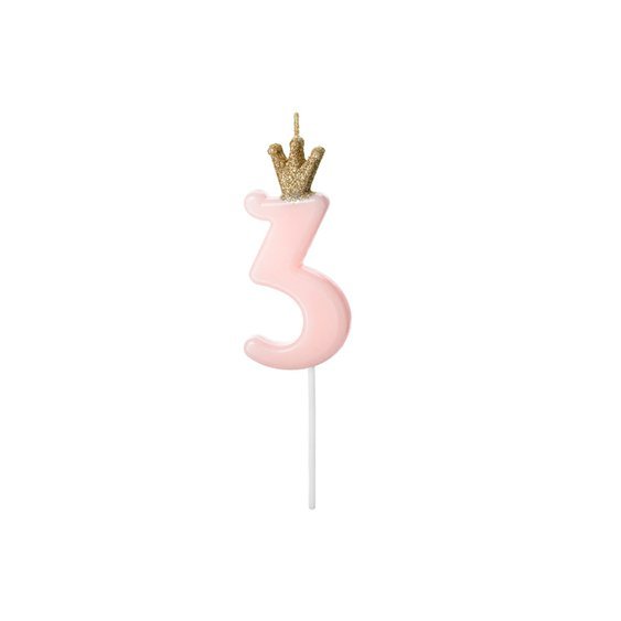 Svíčka na dort s korunkou “3” SVĚTLE RŮŽOVÁ, 9,5 cm - Obr.1