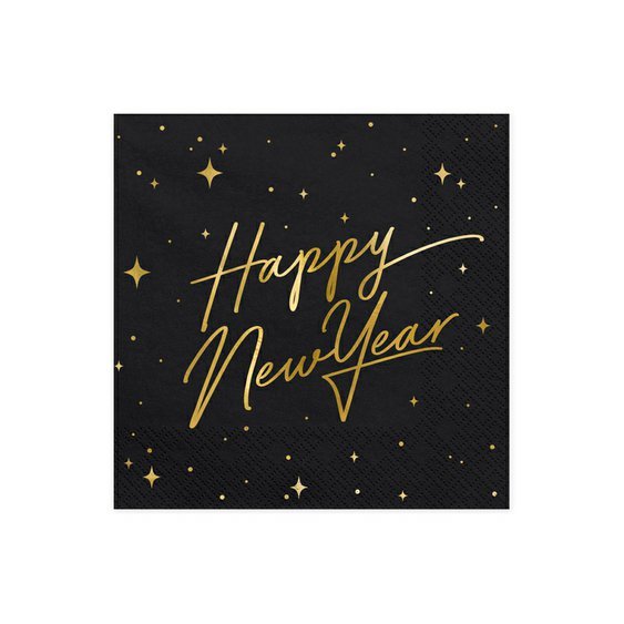 Ubrousky papírové "Happy New Year" ČERNO-ZLATÉ, 20 ks, 33x33 cm - Obr.1
